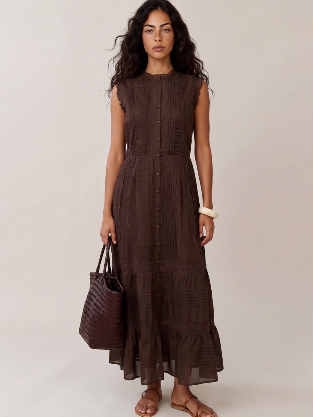 sorella Primrose Cotton Dress Coffee Sleeveless Button-Front Maxi Dress size S